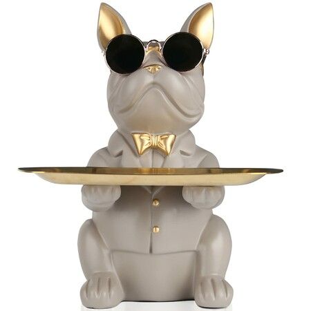 Bulldog Statue Key Bowl for Entryway Table Resin Storage Tray Modern Style Decorations for Home Table-Gray