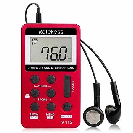 Pocket Radio Digital AM FM Tuning Stereo Volume with Earphone Rechargeable Battery for Walking Gym (Red)
