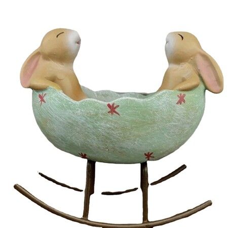 Rocking Laughing Rabbits in an Easter Egg Cradle Spring Easter Decor Rustic Vintage Bunnies Rabbit Statue