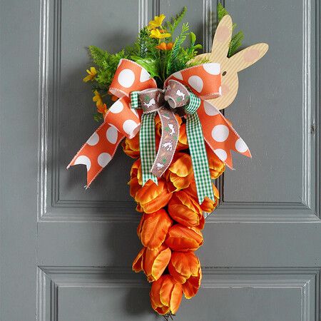 Easter Artificial Tulip Wreath Fake Flower Carrot Hanging Ornament Front Door Pendant Sign for Easter Spring Time Party Home Decor