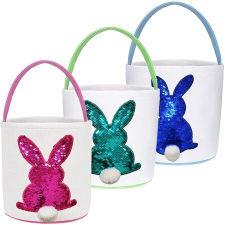 3 Pack Easter Eggs Hunt Baskets for Kids Sequins Bunny Ear Basket Egg Bags Rabbit Easter Party Decorations Gifts Toys Carry Bucket Tote 23x24cm