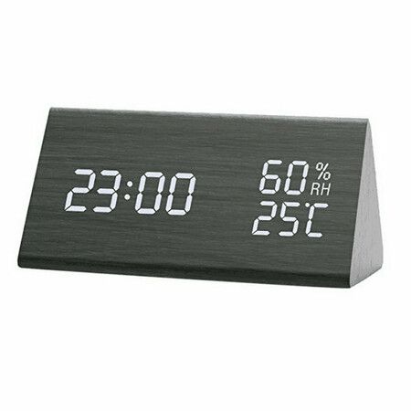 Digital Alarm Clock With Electronic Led Display, Wooden, 3 Alarm Settings, Humidity And Temperature Detection