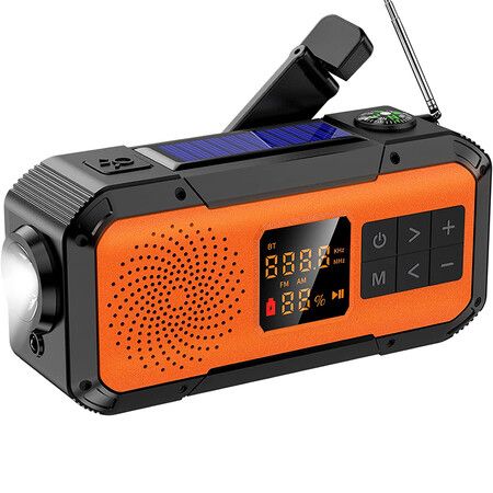 Small Emergency Radio, Waterproof Bluetooth Speaker, Portable Digital AM FM Radio with Flashlight, Solar and Battery Powered Crank Radio
