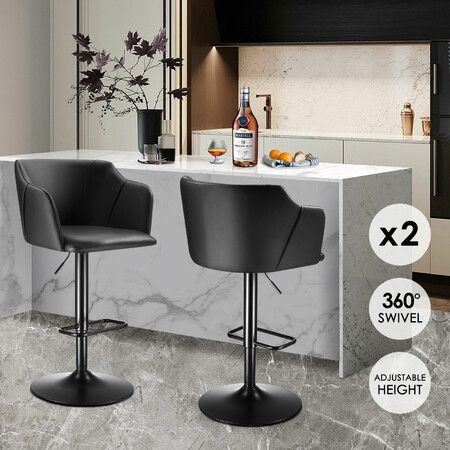 Bar Stool Set of 2 Black Dining Chairs Modern Kitchen Island Armrests 360-Degree Swivel Metal PU Leather Height Adjustable