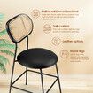 Rattan Bar Stool Set of 2 Black Dining Chair Modern Kitchen Island Counter Height Home Pub Breakfast Cane Backrest Armless Wooden Metal PU Leather