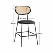 Rattan Bar Stool Set of 2 Black Dining Chair Modern Kitchen Island Counter Height Home Pub Breakfast Cane Backrest Armless Wooden Metal PU Leather