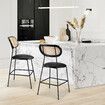 Rattan Bar Stool Set of 2 Black Dining Chair Modern Kitchen Island Counter Height Home Pub Breakfast Cane Backrest Armless Wooden Metal PU Leather