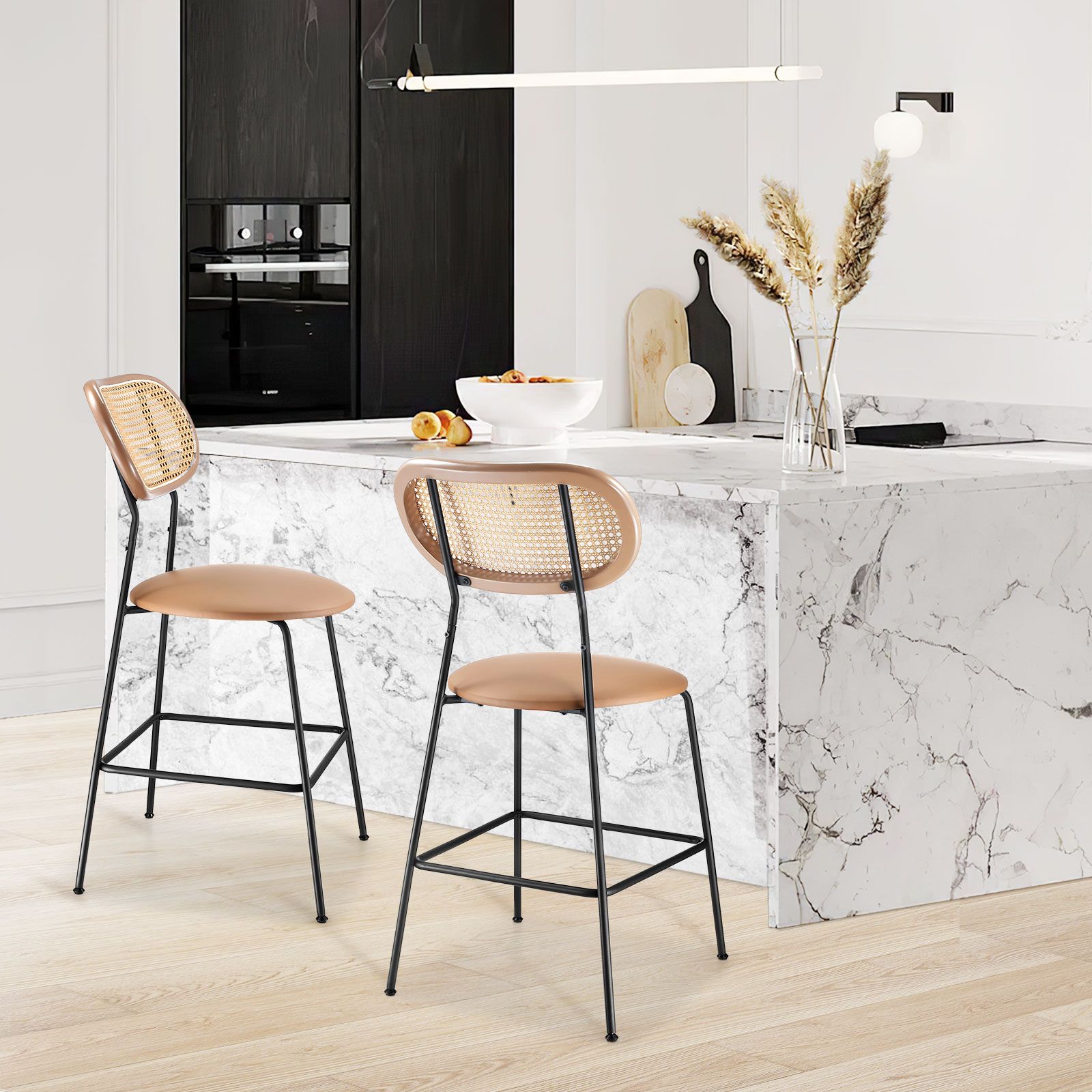 2pcs Rattan Bar Stool Set Kitchen Island Dining Chairs Breakfast