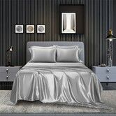 4 Piece Satin Bedding Sheet Pillowcase Sets Luxury Rich Silk Silky Super Soft Solid Color Reversible  Stain-Resistant Wrinkle Free (Light Grey)