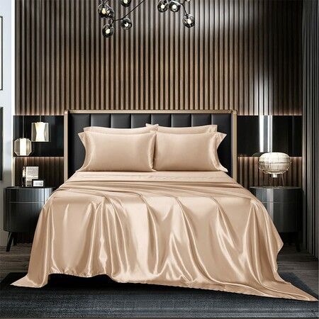 4 Piece Satin Bedding Sheet Pillowcase Sets Luxury Rich Silk Silky Super Soft Solid Color Reversible  Stain-Resistant Wrinkle Free (Khaki)