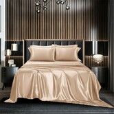 4 Piece Satin Bedding Sheet Pillowcase Sets Luxury Rich Silk Silky Super Soft Solid Color Reversible  Stain-Resistant Wrinkle Free (Khaki)