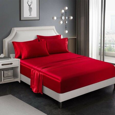 Satin Bed Sheet Set Ultra Soft 4-Piece (Red, Queen) 