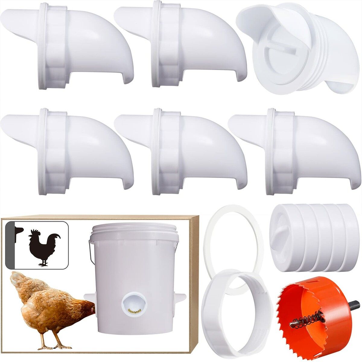 Chicken Feeder with Rat Stopper Caps,6 Ports and Hole Saw,DIY Poultry Feeder Port Gravity Automatic Fed Kit for Buckets,Barrels,Bins,Troughs