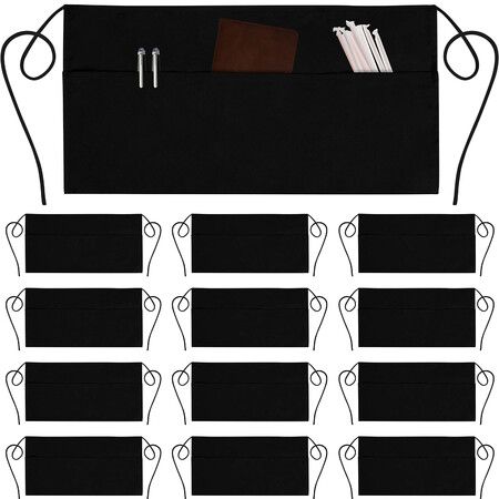 Server Aprons with 3 Pockets - Waist Apron,Waitress Apron for Women and Man,Water Resistant with Long Waist Strap Reinforced Seams,Half Apron (12 Pack,Black)