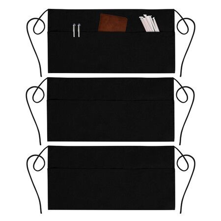 Server Aprons with 3 Pockets - Waist Apron,Waitress Apron for Women and Man,Water Resistant with Long Waist Strap Reinforced Seams,Half Apron (3 Pack,Black)