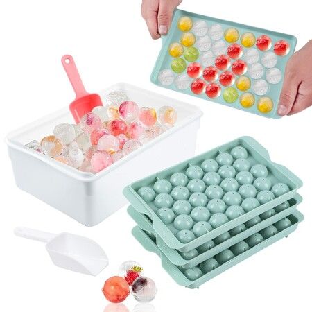 3pc Round Ice Cube Tray with Coolbox, Ice Cube Trays in Mini Ball, Ice Ball for Freezer, 3 Ice Cube Cocktail, Adapted Whisky ( Ice Cube*3+box+Shovel)
