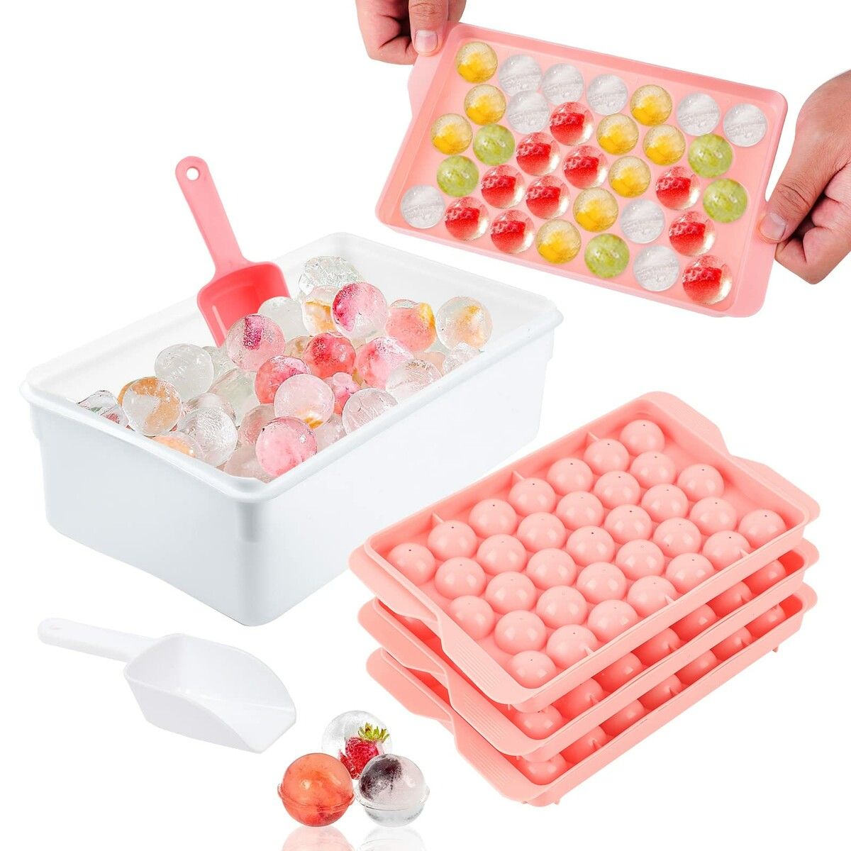 3pc Round Ice Cube Tray with Coolbox, Ice Cube Trays in Mini Ball, Ice Ball for Freezer, 3 Ice Cube Cocktail, Adapted Whisky ( Ice Cube*3+box+ Shovel)