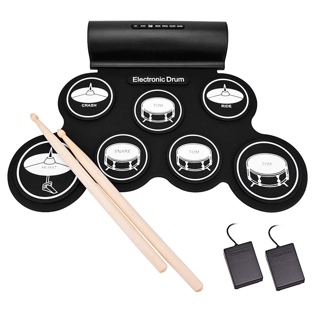 Roll Up Drum with Headphone Jack Built-In Speaker (DC Powered) Digital Touch 7 Labeled Drum Pads 2 Foot Pedals