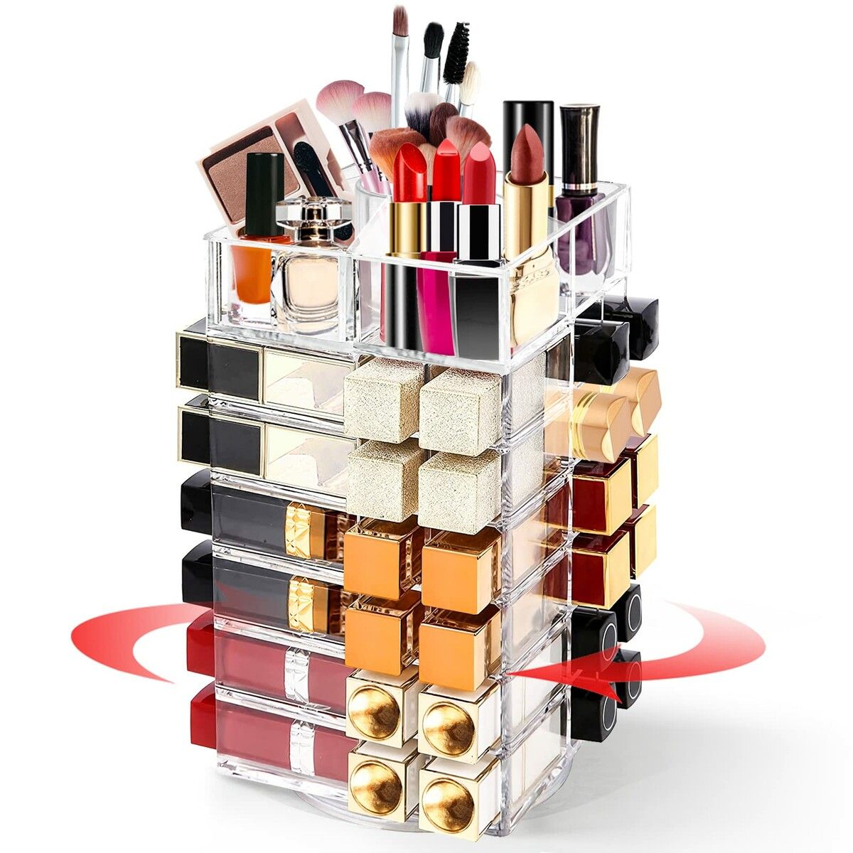 Acrylic Lipstick Tower Holder 360 Degree Rotating Makeup Cosmetic Lipsticks Organizer with 53 Slots Storage