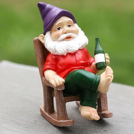 Gnomes Garden Statue,Garden Gnome With Wine Bottle And Lounge Chair, Purple Hat(12.5×8×15CM)