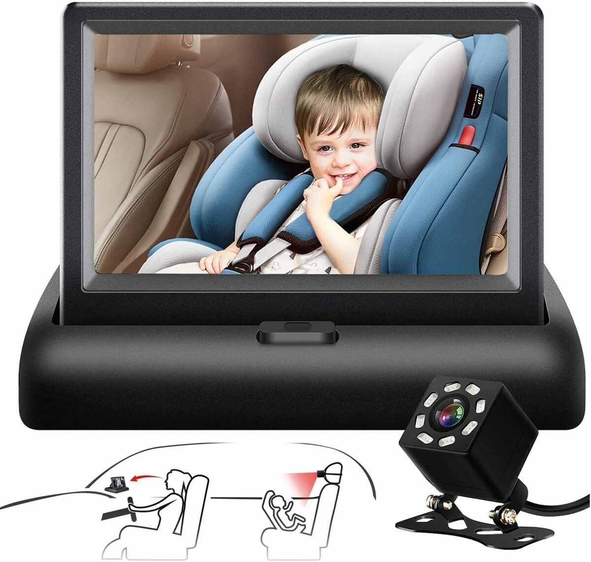 Baby Car Mirror 4.3  HD Night Vision Function Car Mirror Display, Safety Car Seat Mirror Camera Monitored  Wide Crystal Clear View