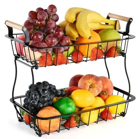 2 Tier Countertop Fruit Basket for Kitchen Vegetable Fruits Basket Bowl Stand Metal Rectangle Wire Basket Storage Holder for Fruits Veggies Bread Snacks Kitchen Organizer (Black)