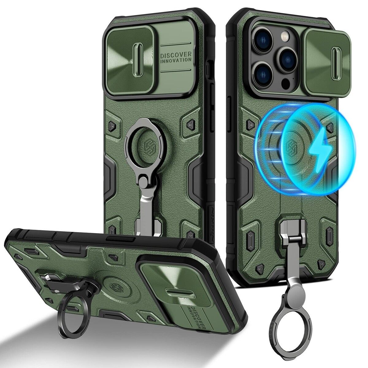 iPhone 14 Pro Max Case Armor Compatible with MagSafe with Rotatable Kickstand & Camera Cover-Green