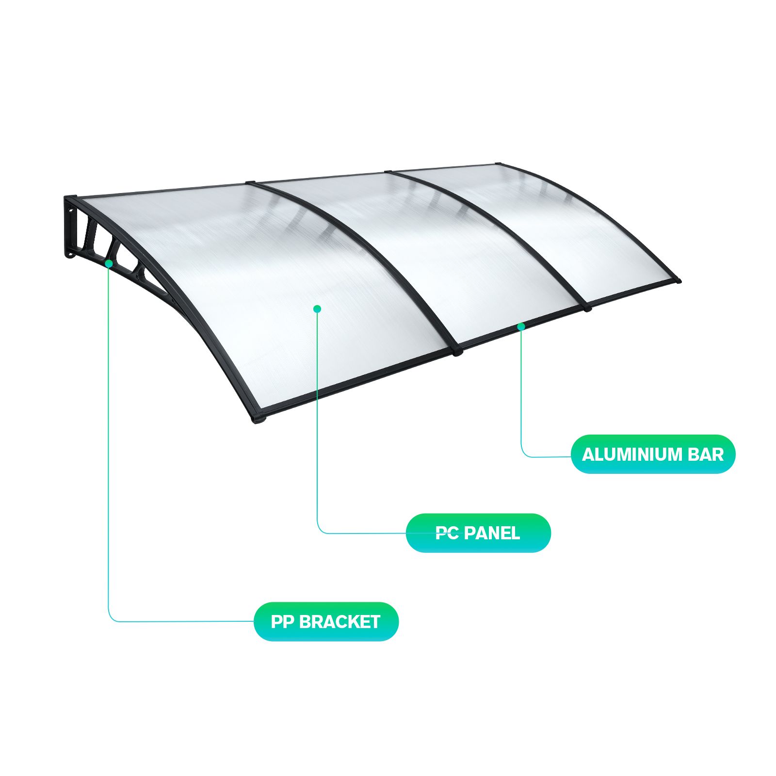 Window Awning Front Door Outdoor Patio Canopy Deck Balcony Porch House Cover Sun Shade Rain Snow UV Shield Clear Polycarbonate 1.5x3m
