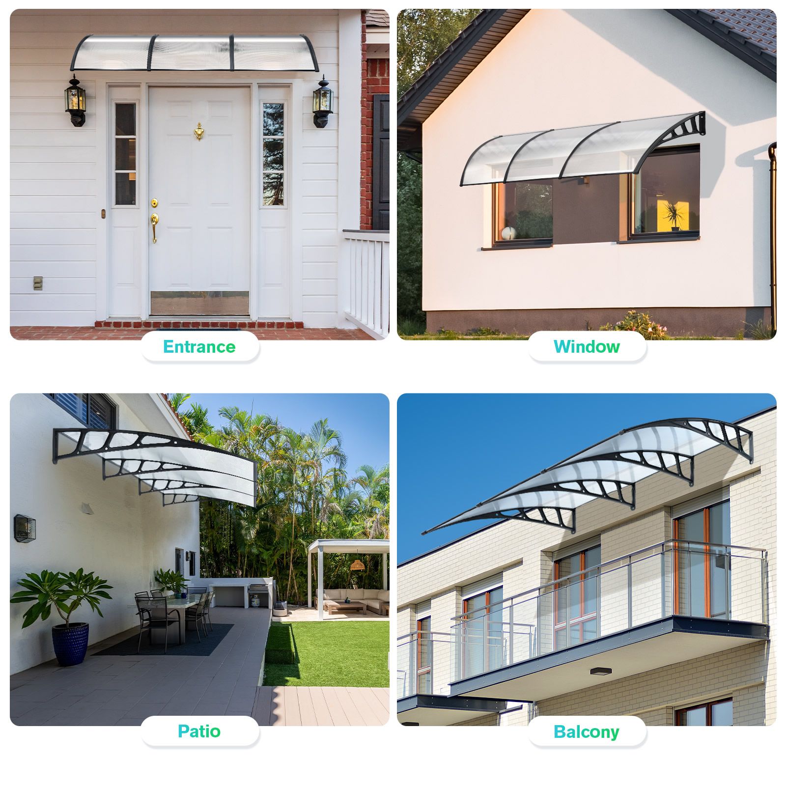 Window Awning Front Door Outdoor Patio Canopy Deck Balcony Porch House Cover Sun Shade Rain Snow UV Shield Clear Polycarbonate 1.5x3m