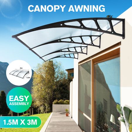 Window Awning Front Door Outdoor Patio Canopy Deck Balcony Porch House Cover Sun Shade Rain Snow UV Shield Clear Polycarbonate 1.5x3m