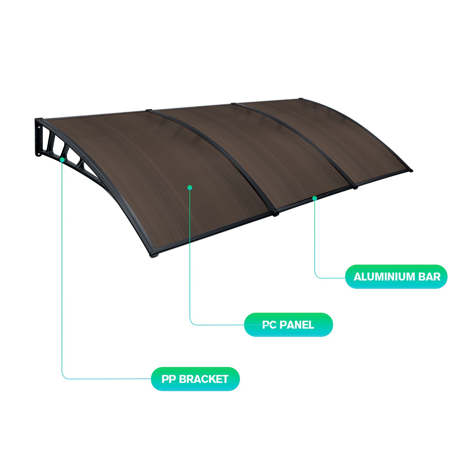 Window Door Awning Outdoor Patio Canopy Deck Balcony Porch House Cover Sun Shade Rain Snow UV Shield Polycarbonate Brown 1.5x3m