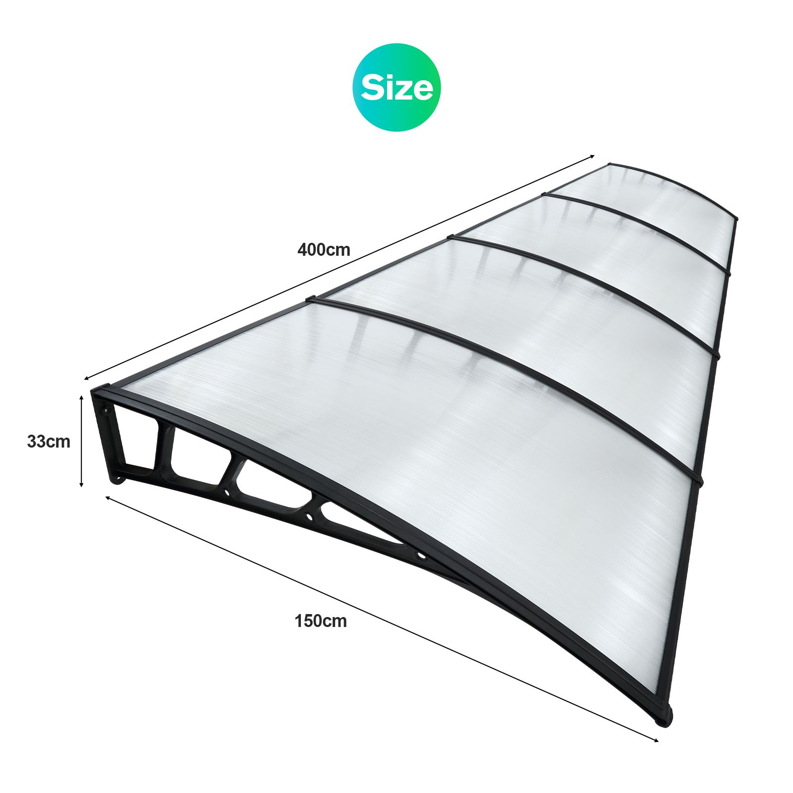 Window Door Awning 1.5x4m Outdoor Patio Canopy House Porch Deck Balcony Cover Outside Sun Shade Rain Snow UV Shield Clear Polycarbonate