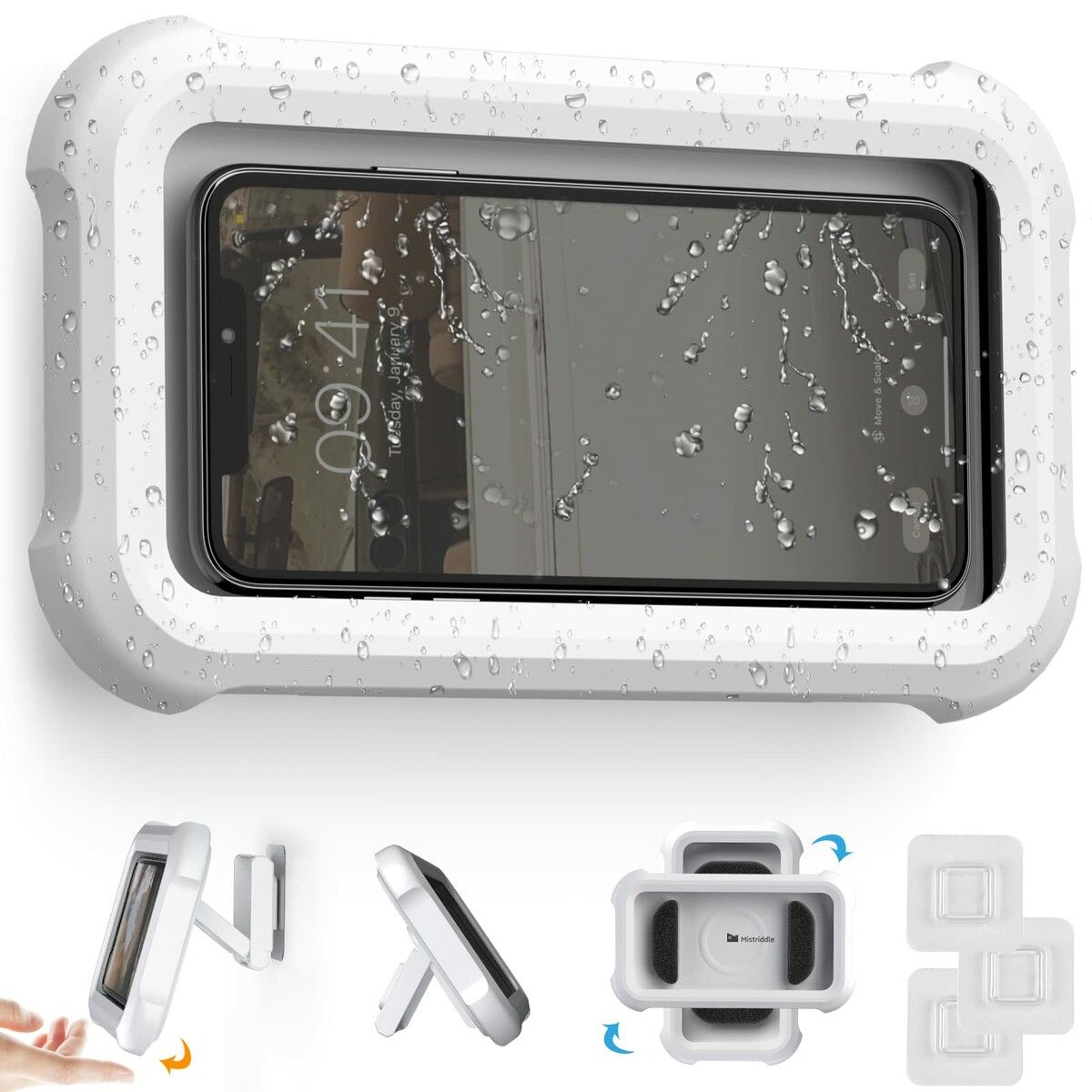 Waterproof Shower Phone Holder with 360°Rotation,Angle Adjustable,Wall Mounted Phone Holder for Bathroom Mirror Bathtub Kitchen,Up to 6.8 Inch (White)