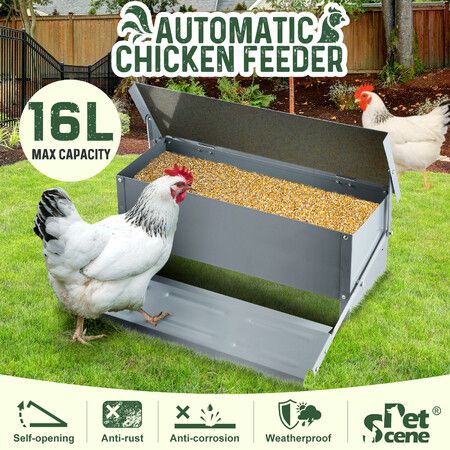 16L Auto Chicken Feeder Poultry Hen Chook Feeding Treadle Food Dispenser Automatic Self Opening Rat Pest Proof Galvanised Steel XL