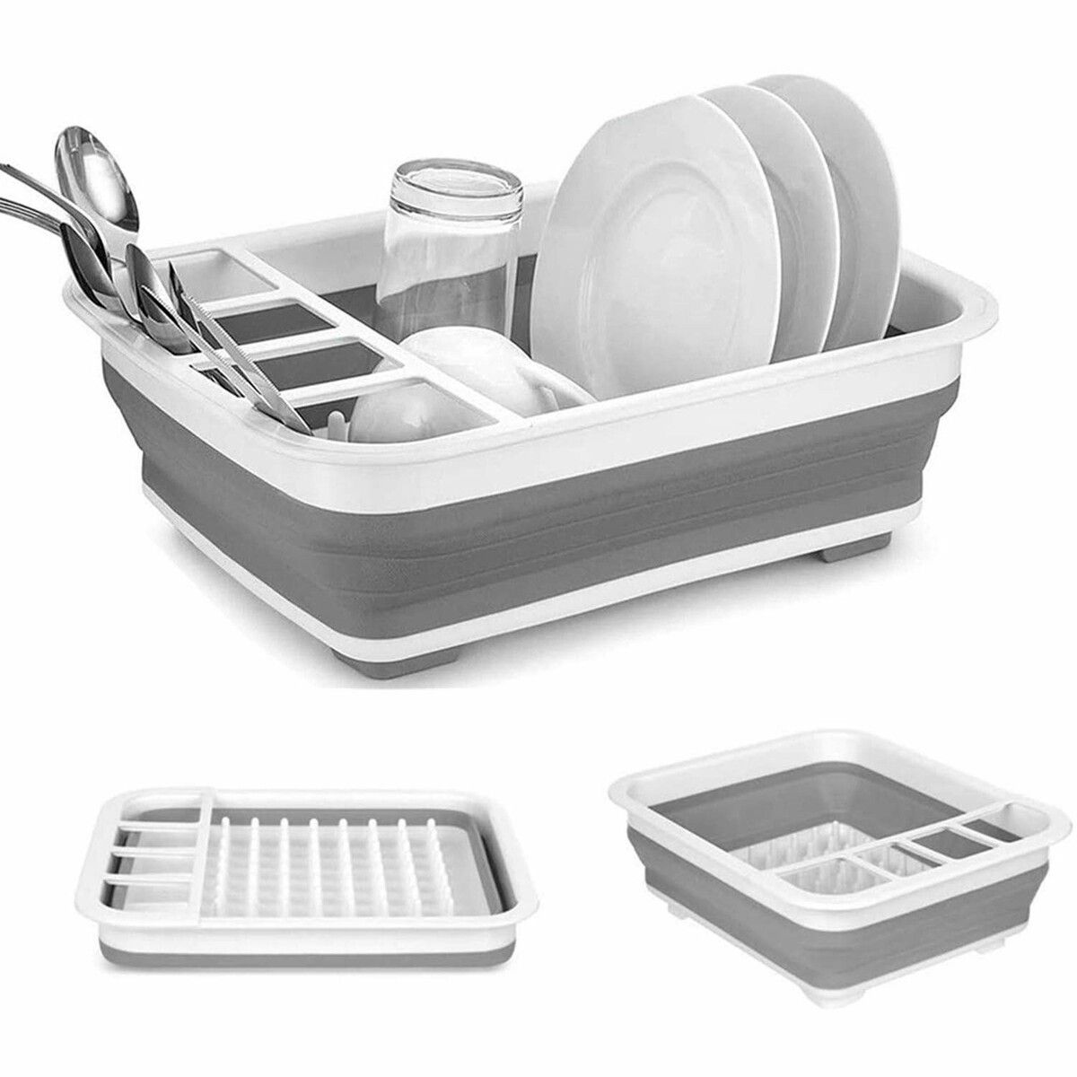 Collapsible Dish Drainer with Drainer Board Foldable Drying Rack Set Portable Dinnerware Organizer Space Saving Kitchen Storage Tray Grey