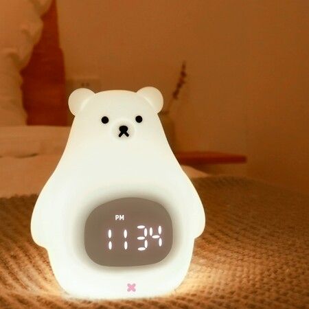 Bear Night Light Alarm Clock, Soft Silicone Portable Nursery Lamp, Children USB Rechargeable Nightlight for Kids Toddler  Gifts Bedroom Room Decor