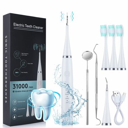 Electric Tooth Cleaner,  Dental Calculus Remover,Tooth Scraper Teeth Cleaning Kit with 3 Cleaning Heads, 5 Modes, Oral Mirror, White