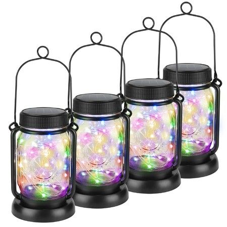 Solar Hanging Mason Jar Lights with Stakes,Outdoor Waterproof Decorative Solar Lantern Table Lamp,Vintage Glass Jar Starry Fairy Light with 30 LEDs for Patio Garden Tree (4 Pack,Multicolor)