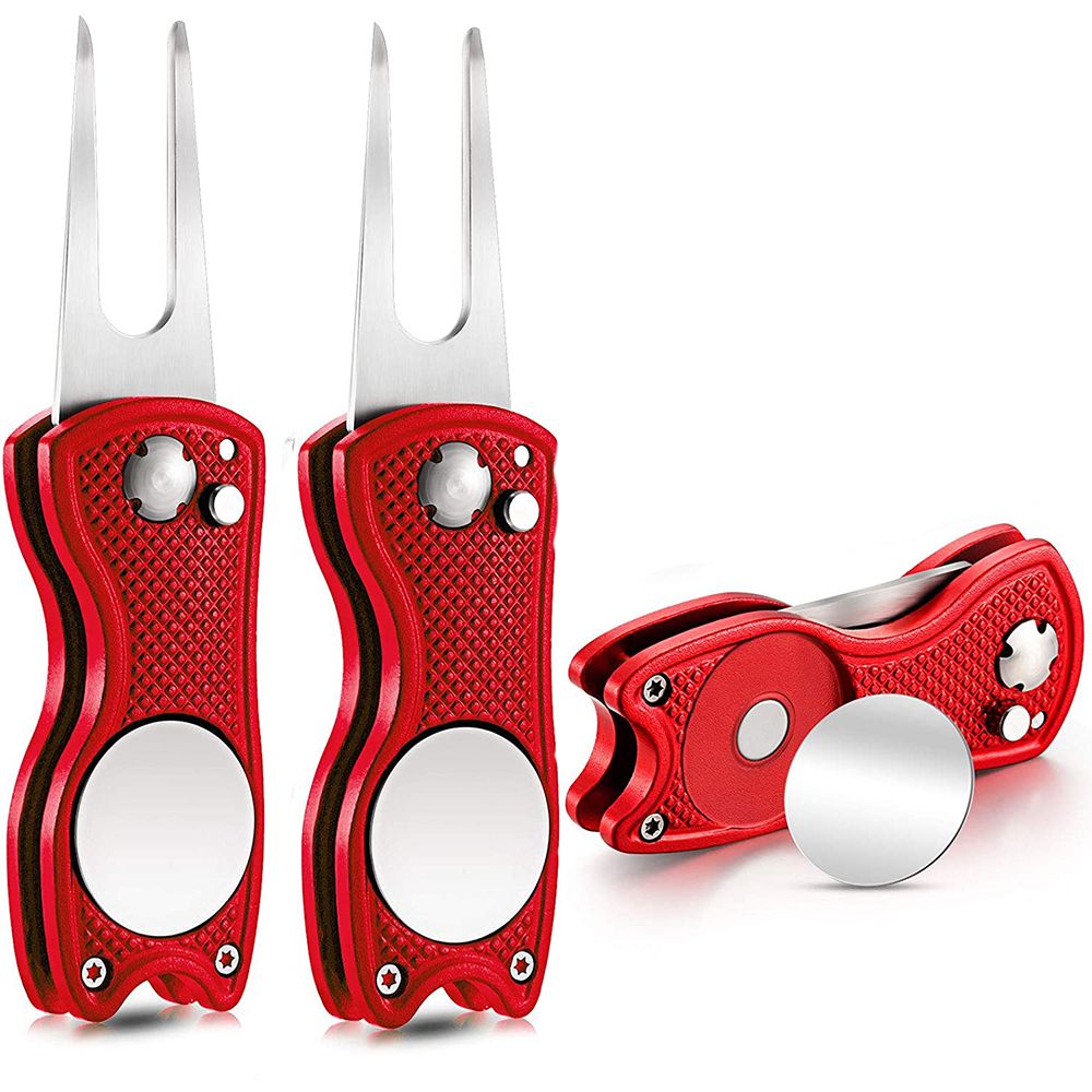 2 Pieces Golf Repair Tool Stainless Steel Foldable Golf Divot Tool Golf Ball Marker (Red)