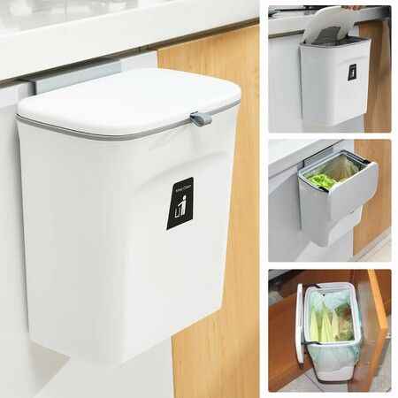 9 L Kitchen Compost Bin Hanging Small Trash Can with Lid for Bathroom/Bedroom/Camping-White