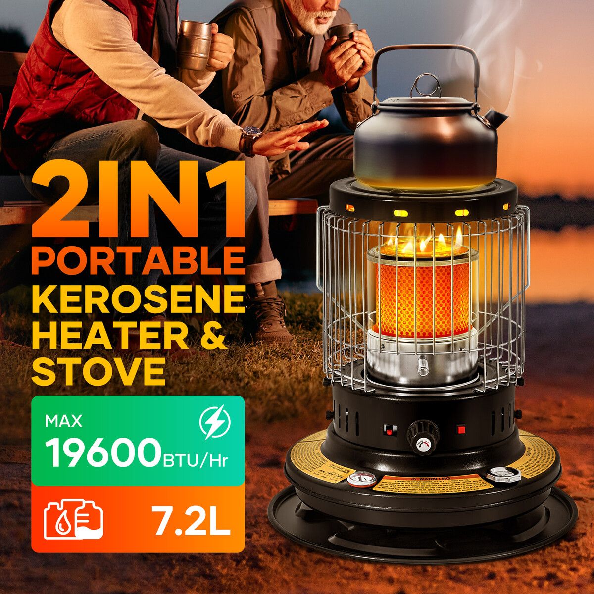 2in1 Kerosene Heater Stove Indoor Outdoor Portable Space Kerosine Radiant Oil Burner Anti Tipping Auto Ignition 19600BTU