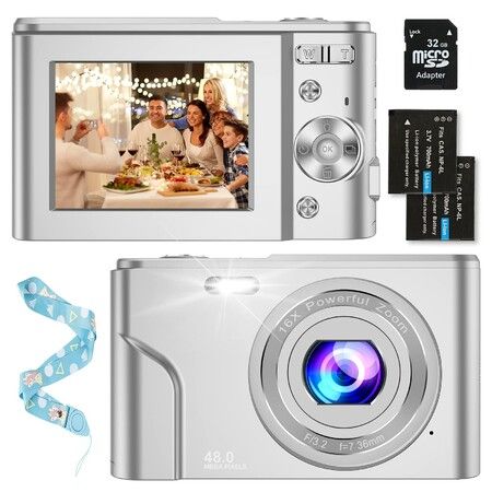 Digital Baby Camera for Kids Teens Boys Girls Adults,1080P 48MP Kids Camera with 32GB SD Card,2.4 Inch Kids Digital Camera with 16X Digital Zoom,Compact Mini Camera Kid Camera for Kids/Student (Silver)