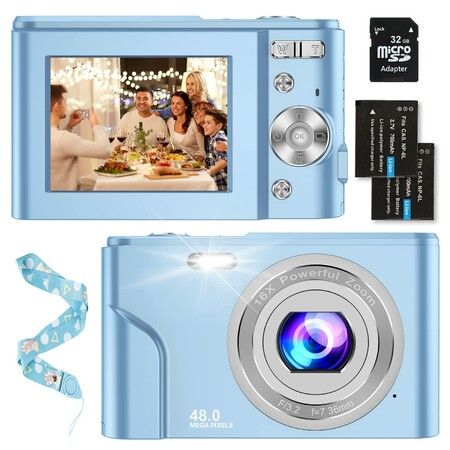 Digital Baby Camera for Kids Teens Boys Girls Adults,1080P 48MP Kids Camera with 32GB SD Card,2.4 Inch Kids Digital Camera with 16X Digital Zoom,Compact Mini Camera Kid Camera for Kids/Student (light Blue)