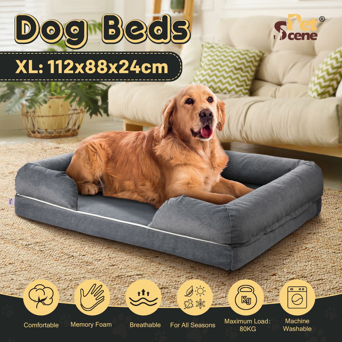 Dog Bed Orthopedic Pet Cat Calming Sofa Couch Memory Foam Cushion XL  Mattress Waterproof Liner Removable Washable Cover Bolster Lounger