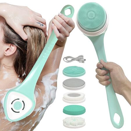 Electric Body Brush, Rotating Scrubber for Shower, Bath, Deep Cleaning with Silicone, with 5 Attachments, IPX67 Waterproof Rechargeable Brush Heads (Green 1 Pack)