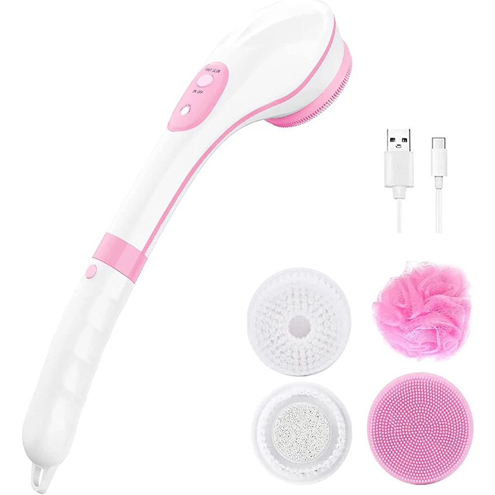 Electric Bath Brush Set, Waterproof Electric Body Scrubber and Silicone Face Brush, 4 Rotating Brush Heads, Exfoliating Shower Brush, Back Brush