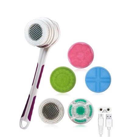 Electric Brush for Back, Face, Body and Feet, 5 Removable, Detachable Soft Bristle Silicone Brush Heads for Face, USB Rechargeable(Purple)