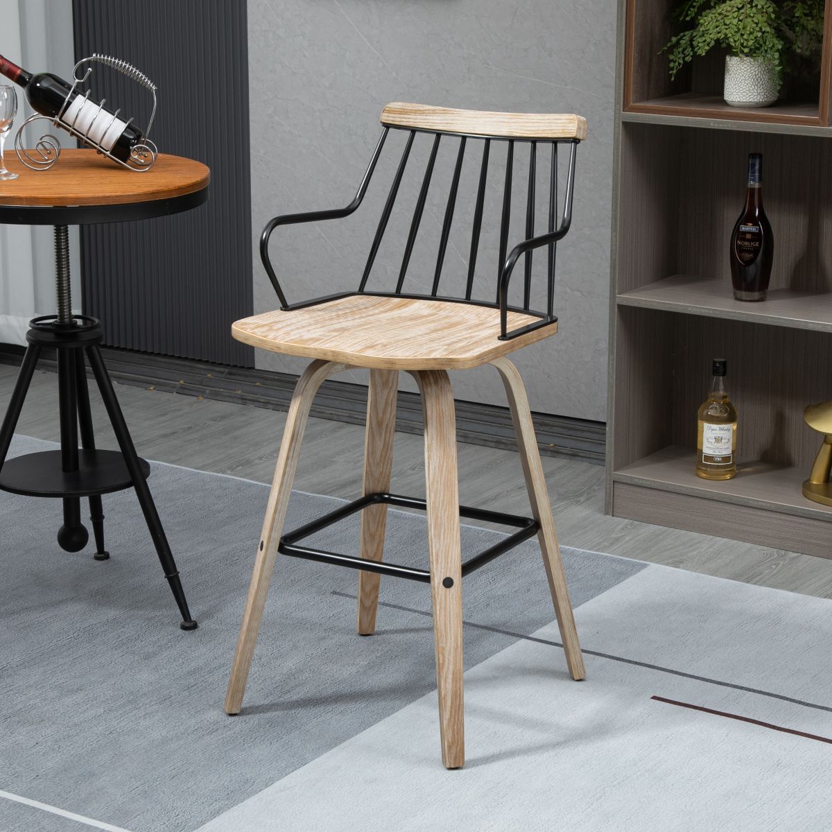 Oak White Brushed Plywood Swivel Bar Chair in Black Powder Coated Finish,Oak White