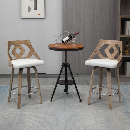 Swivel Bar Stool with Cut Out Back in Beige Fabric Upholstery and White Brushed Oak Wood, 2pcs/Set
