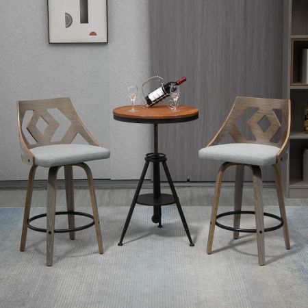 Swivel Bar Stool with Cut Out Back in Gray Fabric Upholstery and Silver Oak Wooden, 2pcs/Set